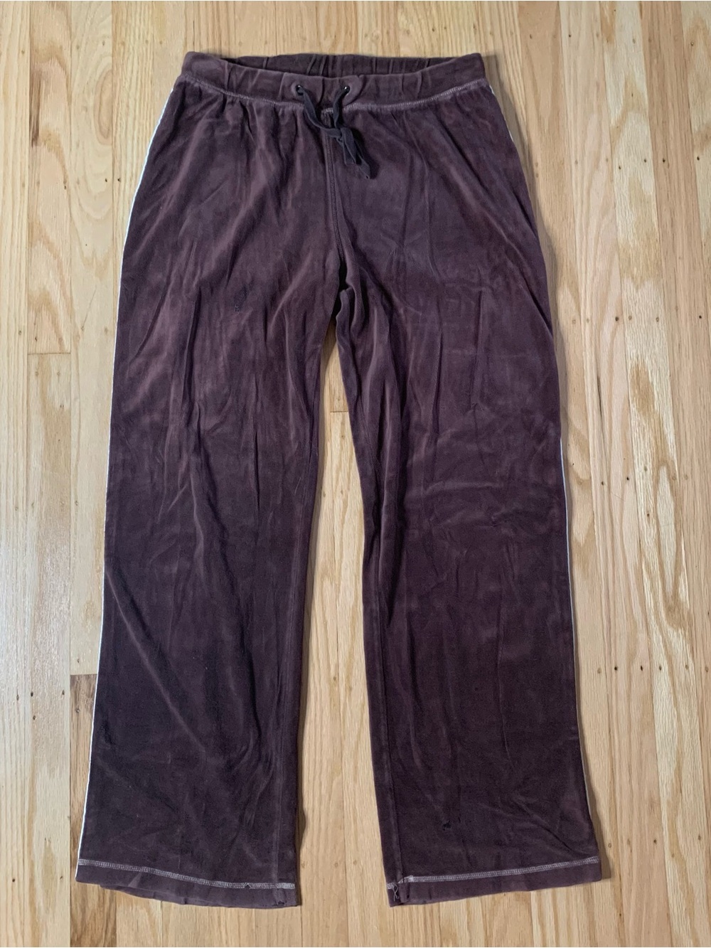 Y2K Brown Velour Track Pants with White and Pink Side Stripes